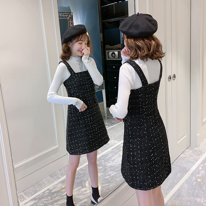 Autumn and winter strap dress chanelstyle dress 2pcs set