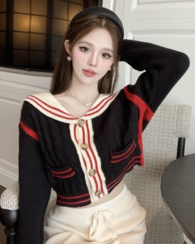 Autumn and winter knitted tops short navy collar sweater