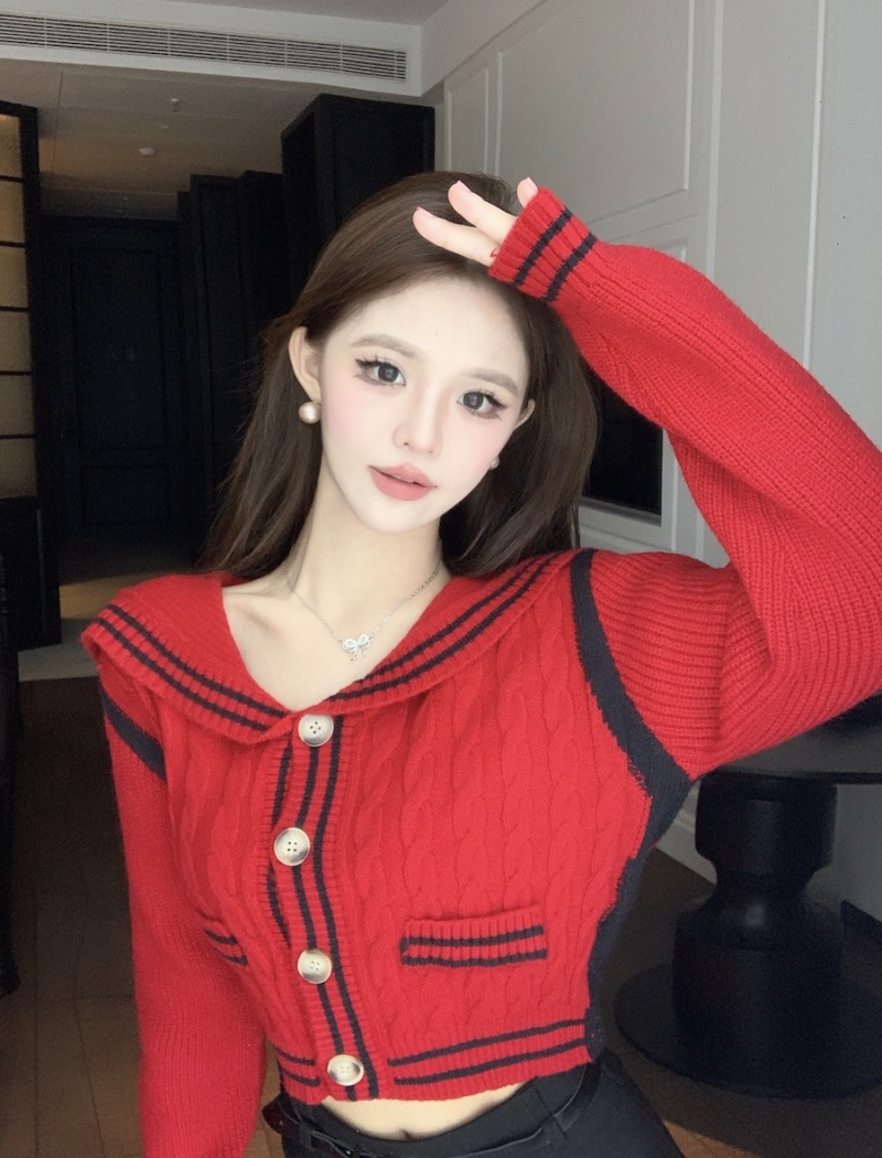 Autumn and winter knitted tops short navy collar sweater