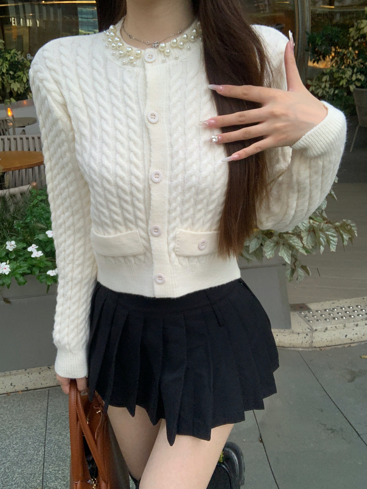 Pearl collar knitted France style tops wool chanelstyle coat