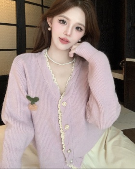 Autumn cherry tender coat lace Korean style V-neck cardigan