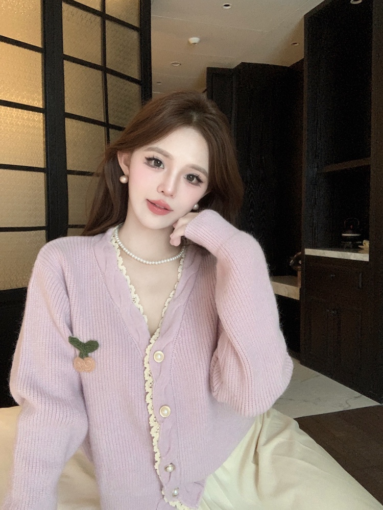 Autumn cherry tender coat lace Korean style V-neck cardigan