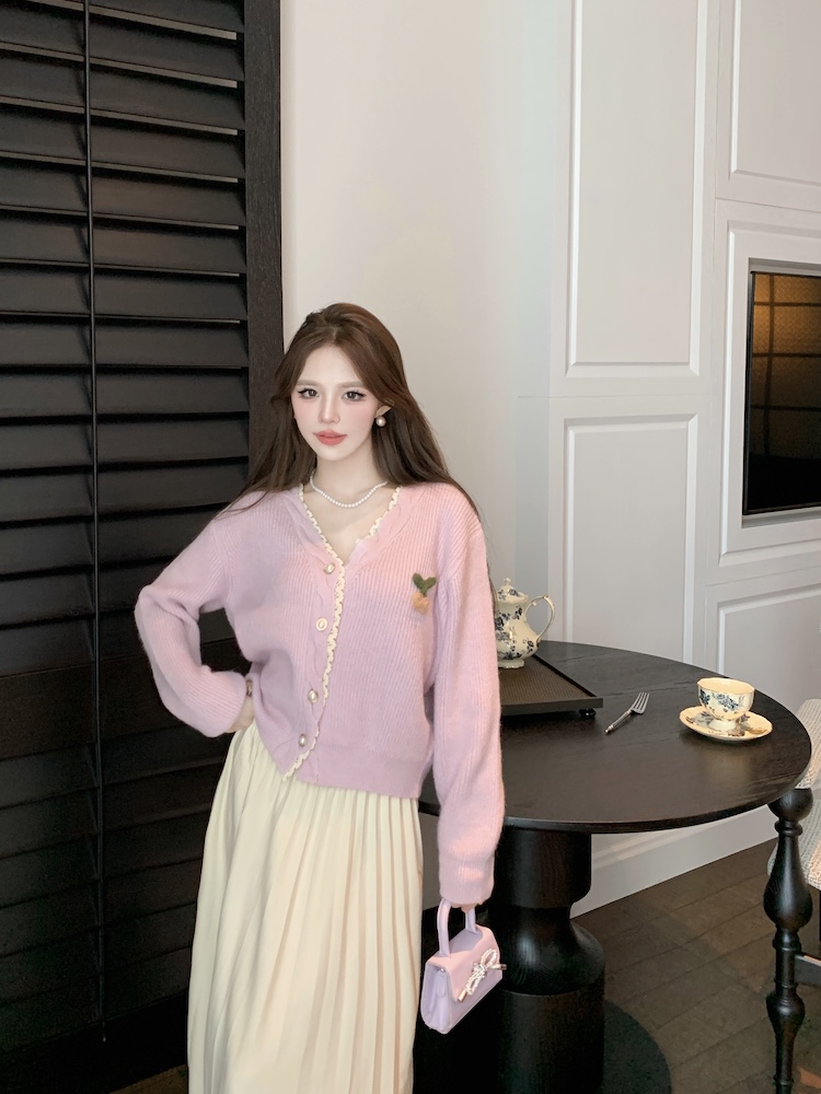 Autumn cherry tender coat lace Korean style V-neck cardigan