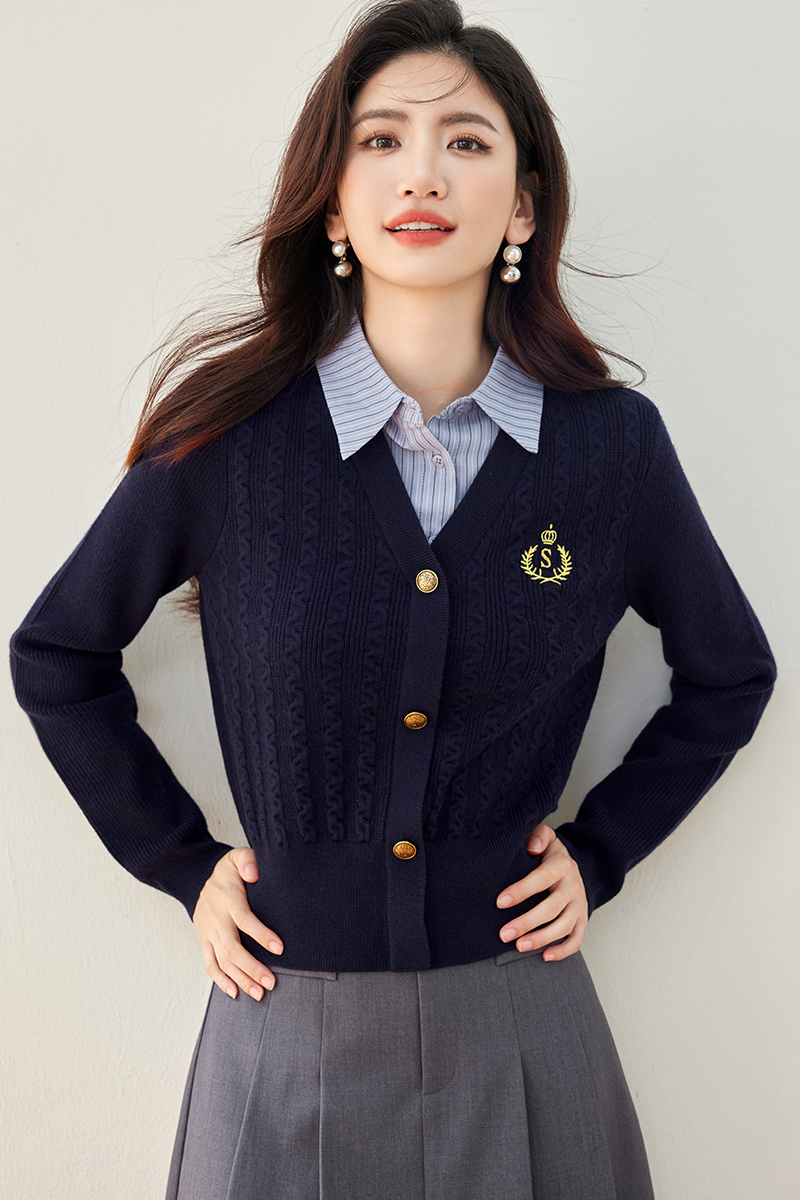 Pseudo-two college style tops autumn sweater for women