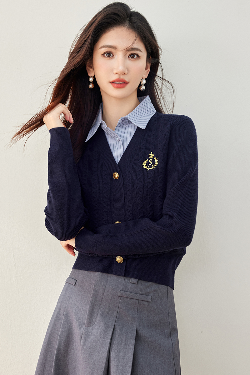 Pseudo-two college style tops autumn sweater for women