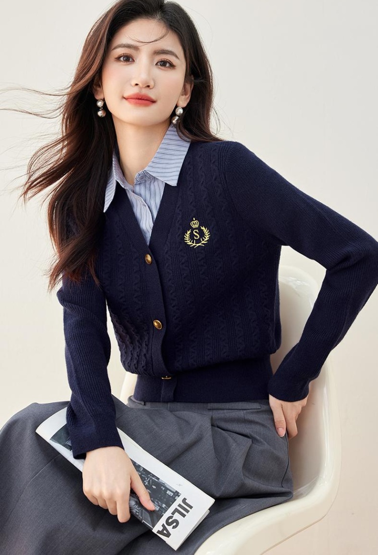 Pseudo-two college style tops autumn sweater for women