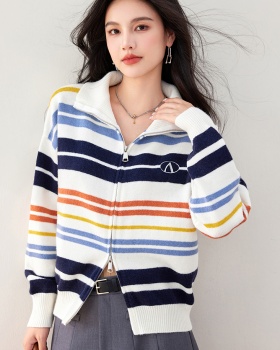 Stripe knitted cardigan autumn retro coat for women