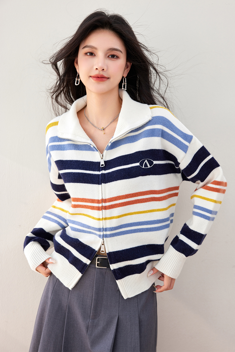 Stripe knitted cardigan autumn retro coat for women