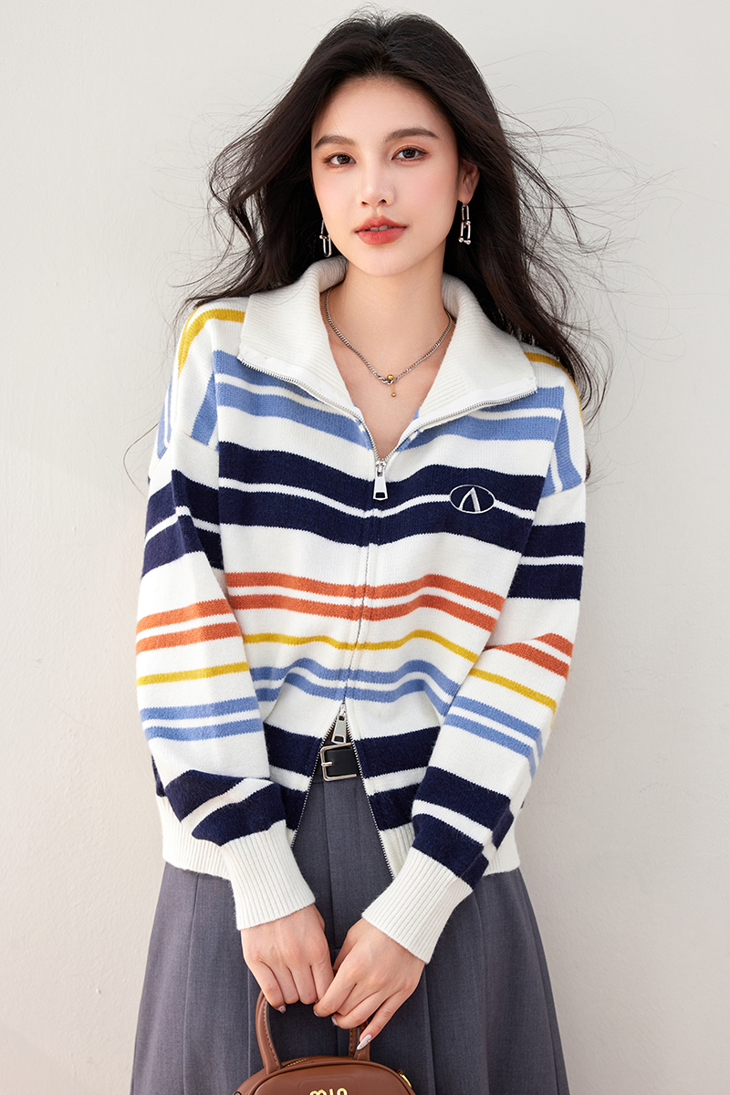 Stripe knitted cardigan autumn retro coat for women