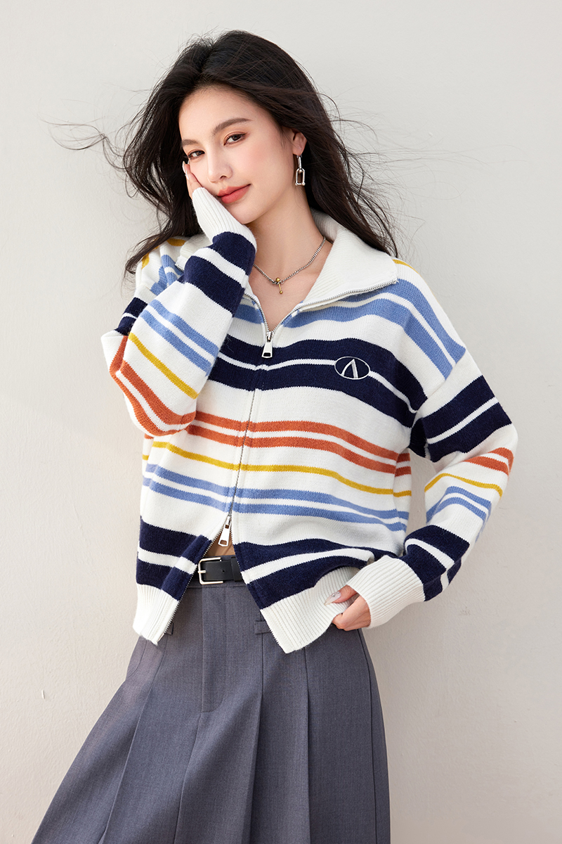 Stripe knitted cardigan autumn retro coat for women