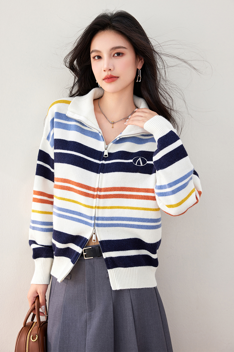 Stripe knitted cardigan autumn retro coat for women