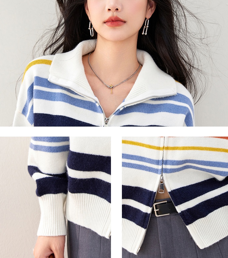 Stripe knitted cardigan autumn retro coat for women