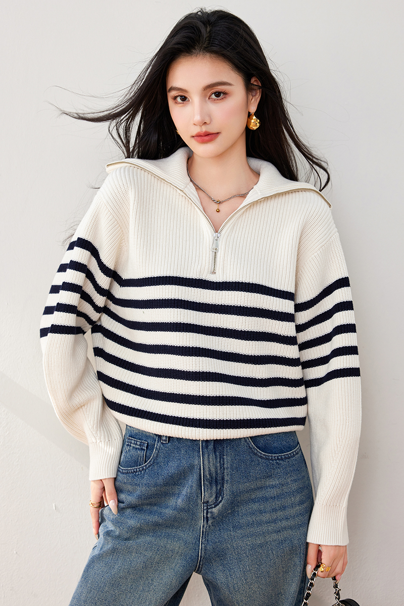 Stripe retro sweater mixed colors tops for women