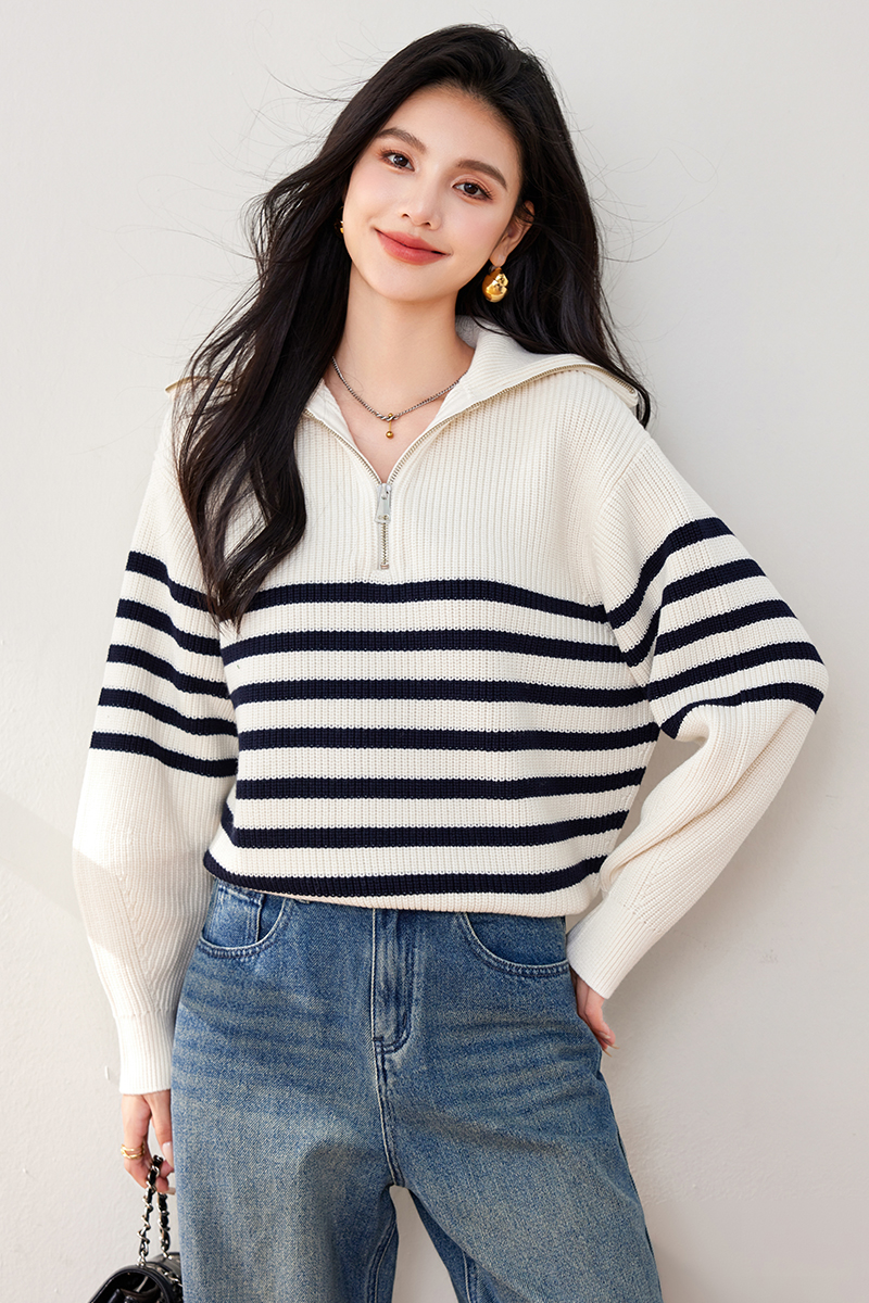 Stripe retro sweater mixed colors tops for women