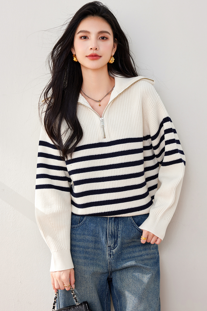 Stripe retro sweater mixed colors tops for women