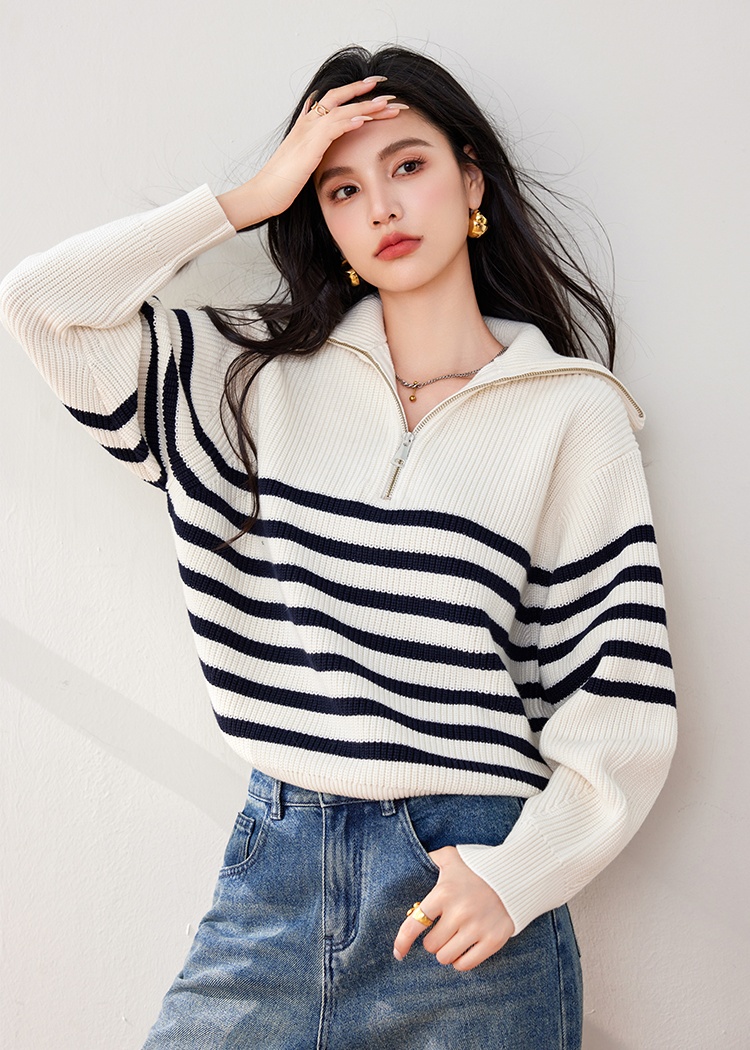 Stripe retro sweater mixed colors tops for women