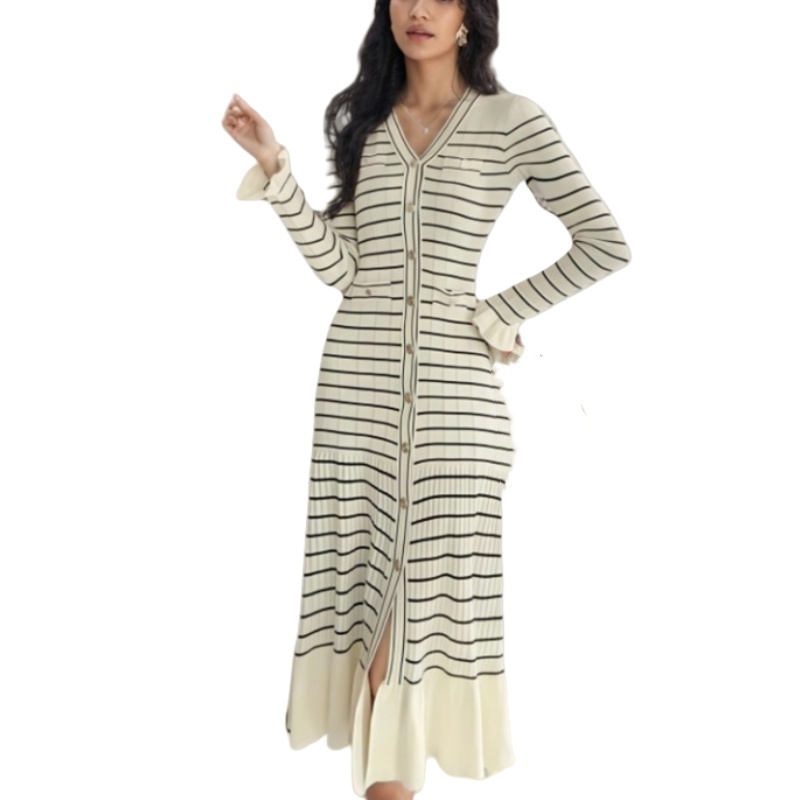 Lace sleeve stripe knitted elegant temperament dress