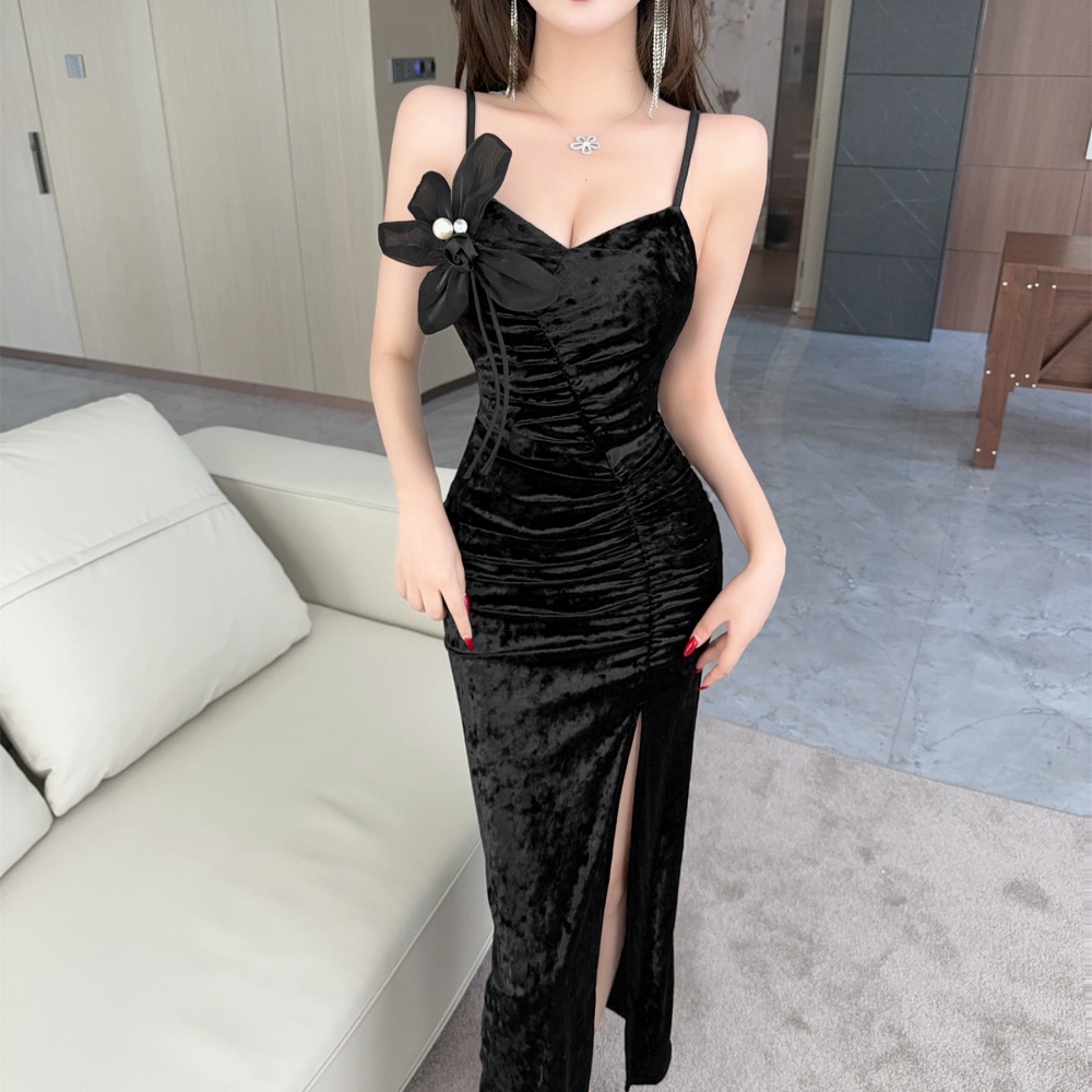 Package hip sling formal dress golden velvet bottoming dress