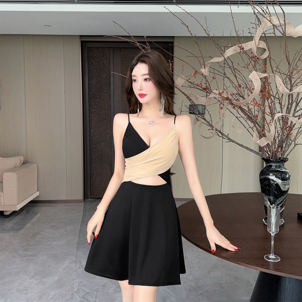 Sling splice pinched waist gauze mixed colors dress