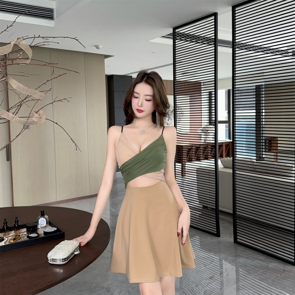 Sling splice pinched waist gauze mixed colors dress