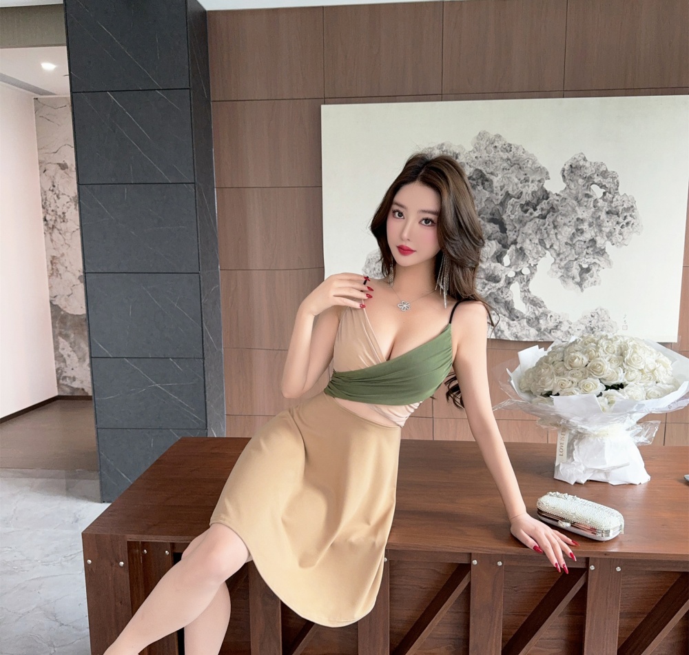 Sling splice pinched waist gauze mixed colors dress