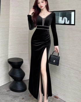 High slit sexy long sleeve dress long bottoming formal dress