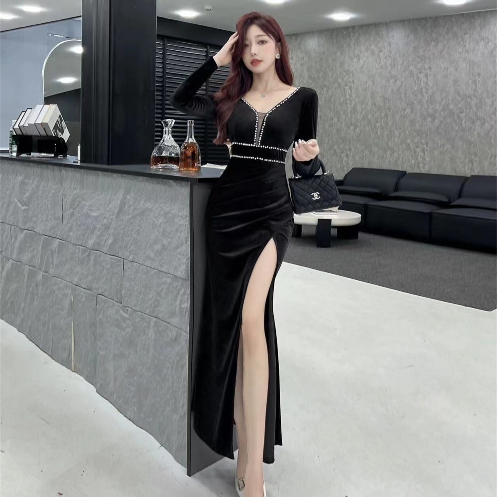 High slit sexy long sleeve dress long bottoming formal dress