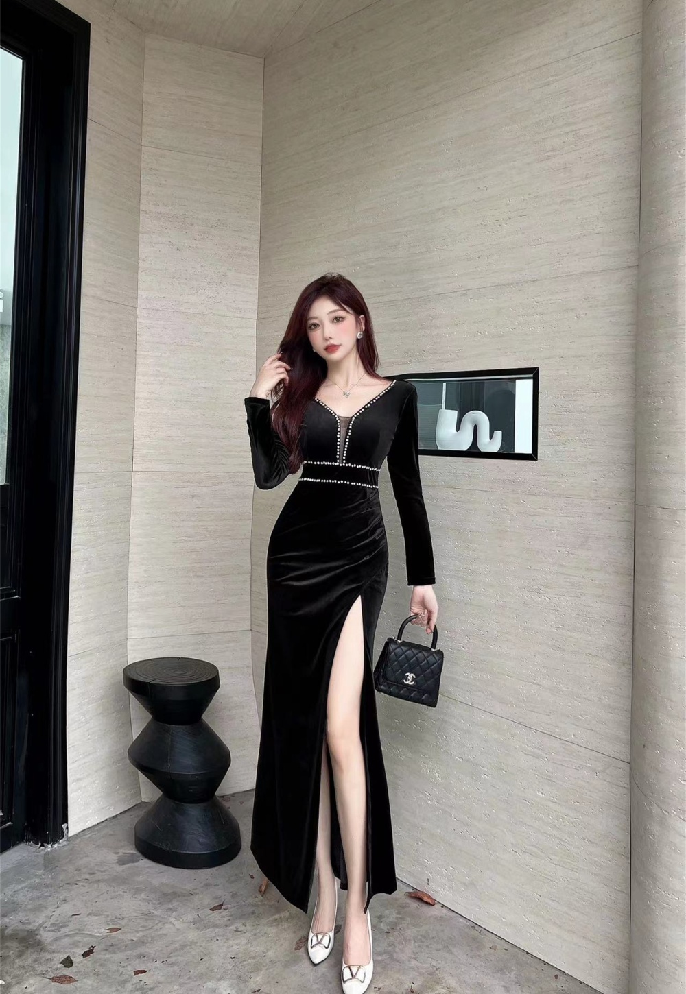 High slit sexy long sleeve dress long bottoming formal dress