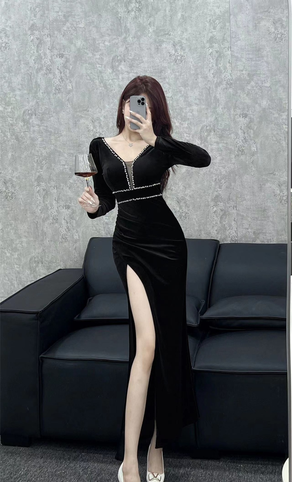 High slit sexy long sleeve dress long bottoming formal dress