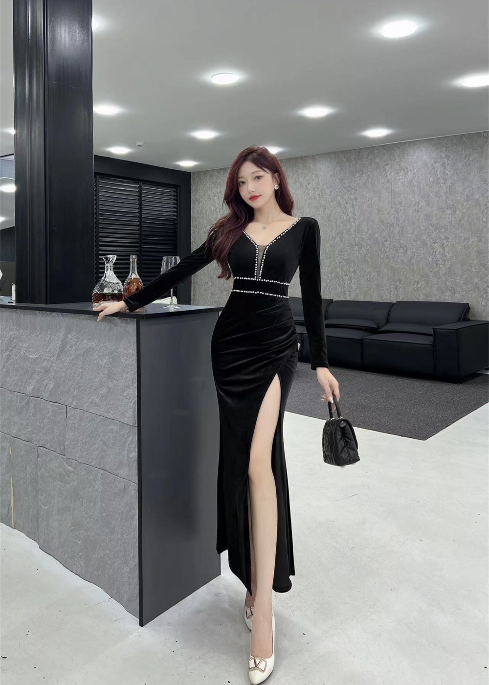 High slit sexy long sleeve dress long bottoming formal dress