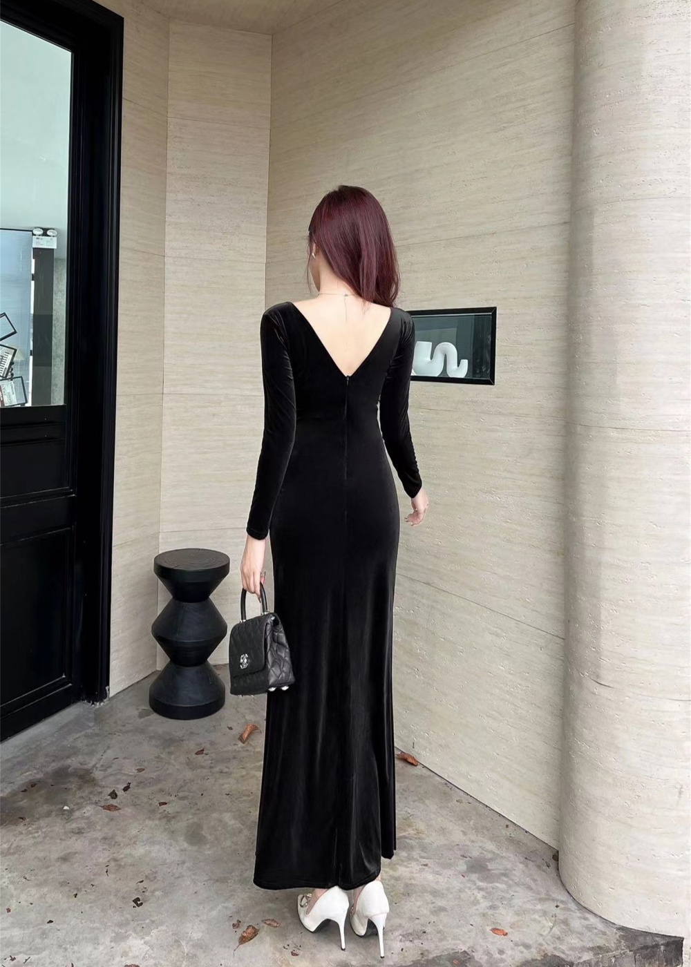 High slit sexy long sleeve dress long bottoming formal dress