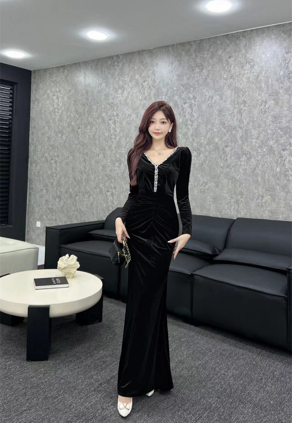 Autumn and winter zip decoration dress long formal dress