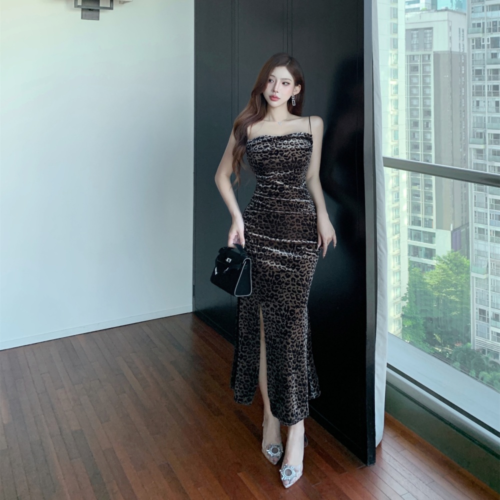 Night show sexy sling dress leopard long formal dress