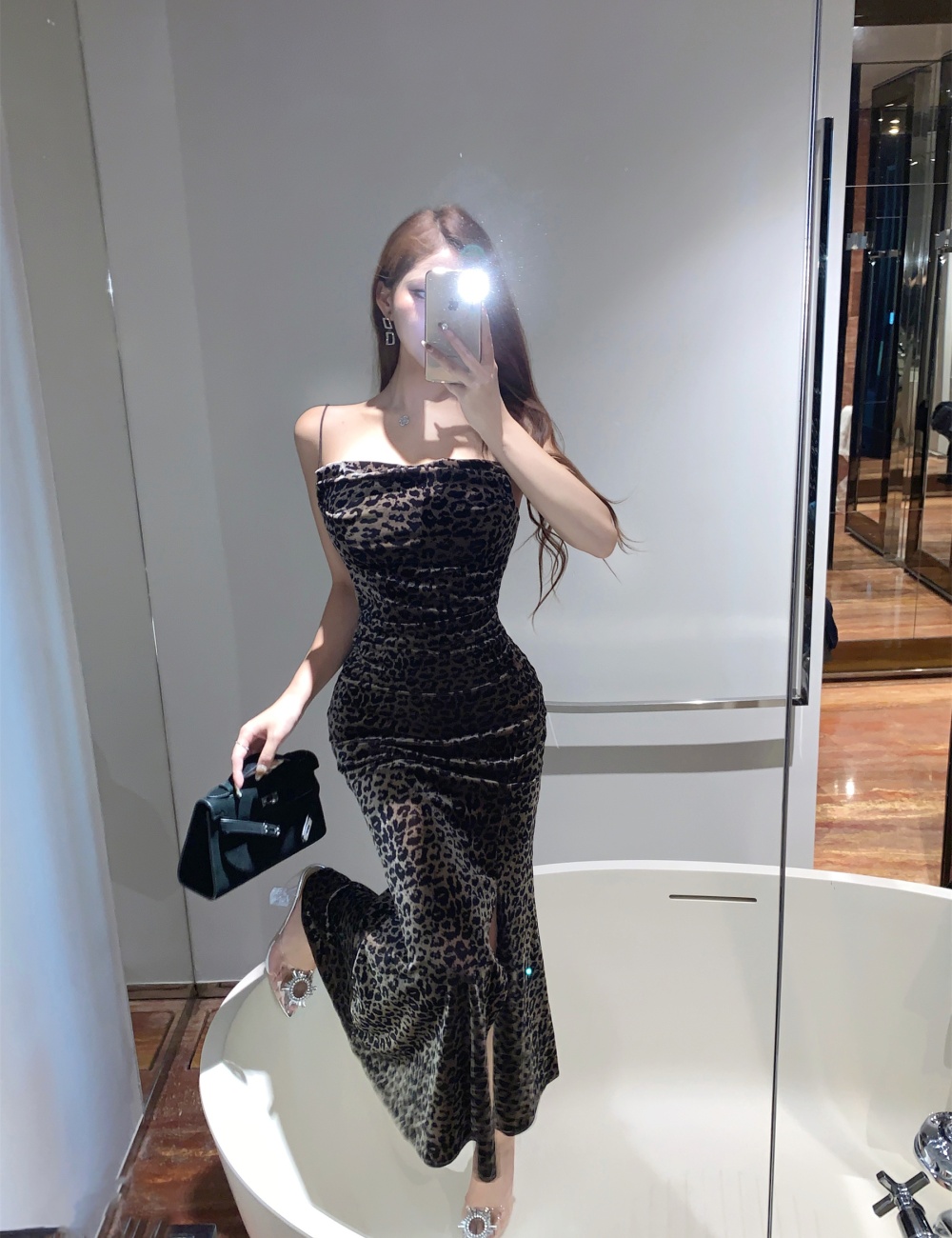 Night show sexy sling dress leopard long formal dress