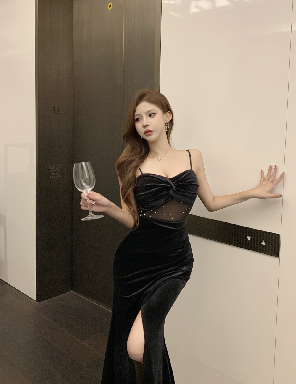 Autumn sling small fellow long dress V-neck sexy dress