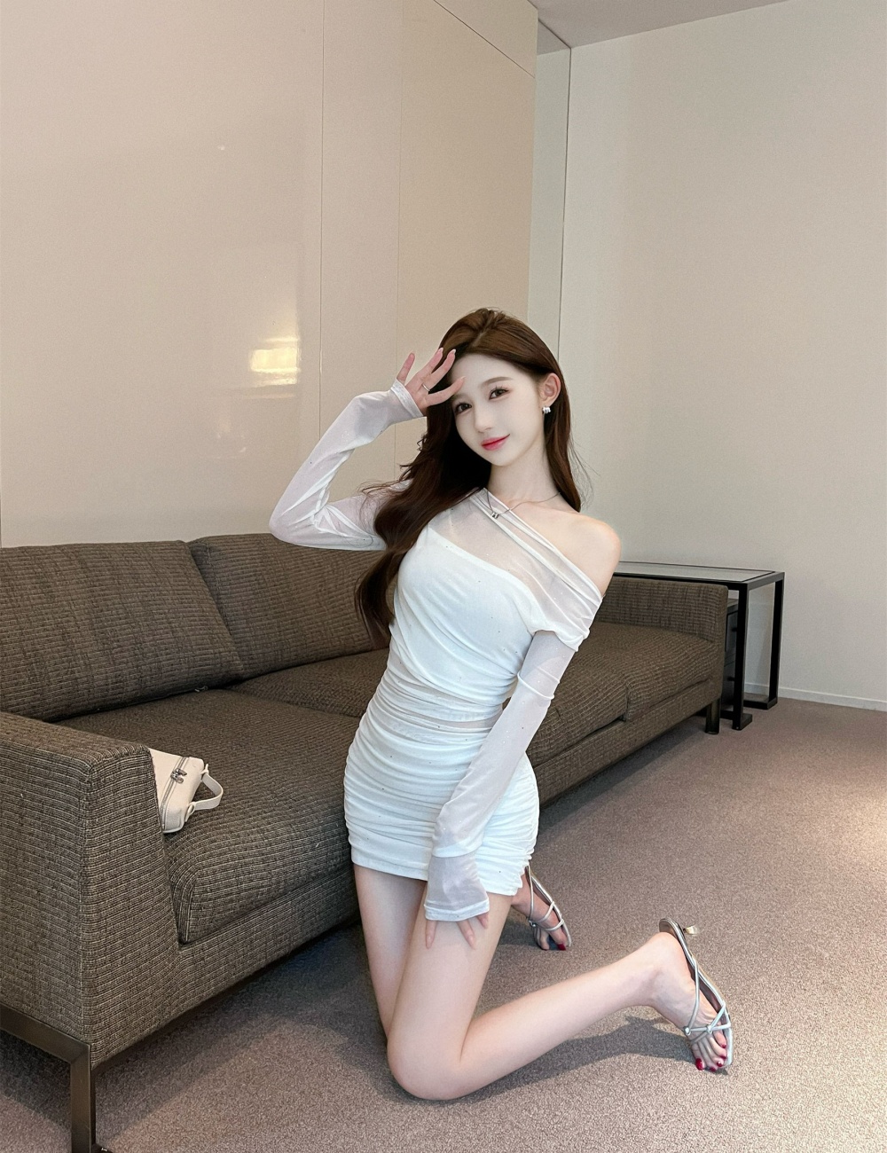 Bottoming package hip strapless long sleeve gauze sexy dress