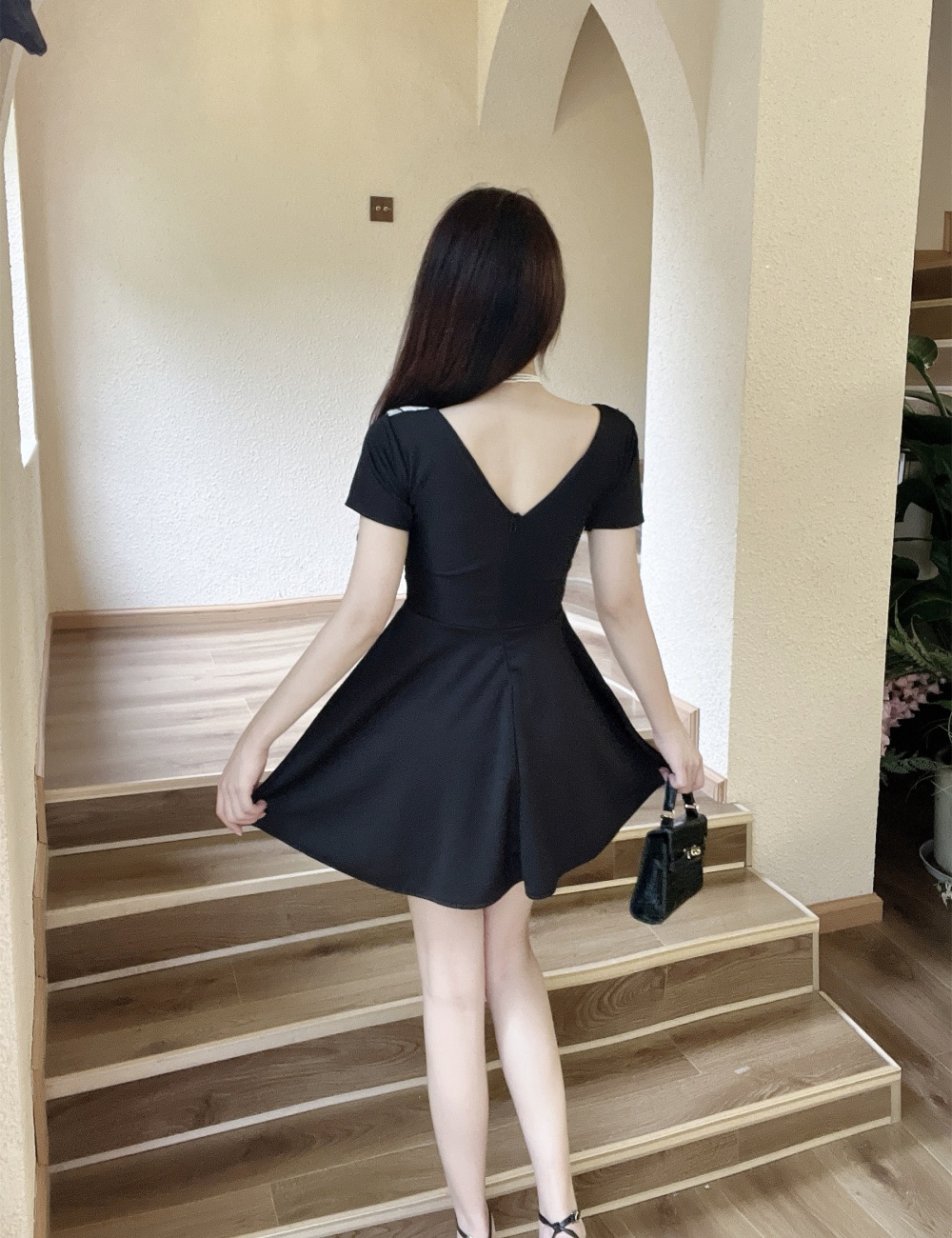 Lapel U-neck bottoming sexy pinched waist pure dress