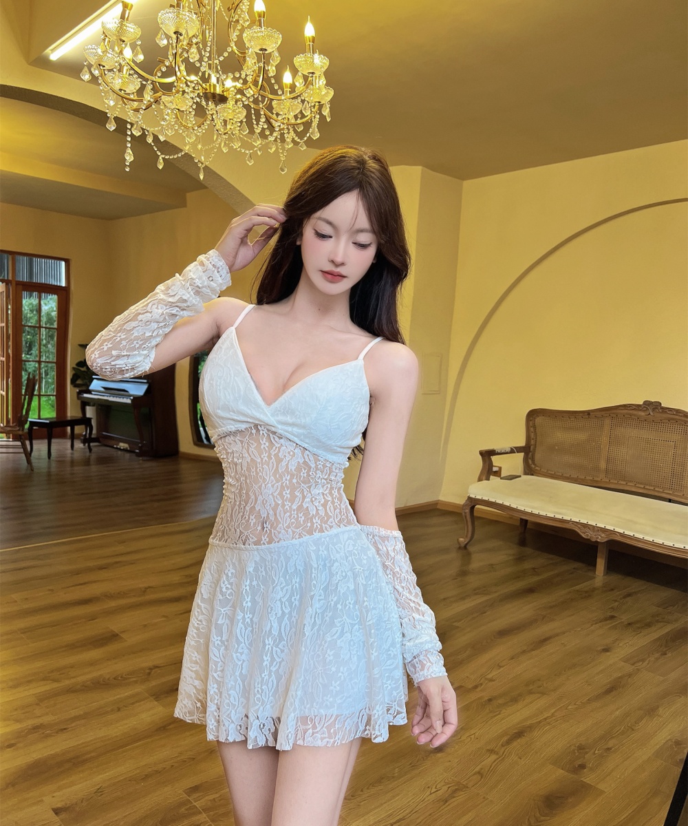 Lace low-cut slim with cuff nightclub dress