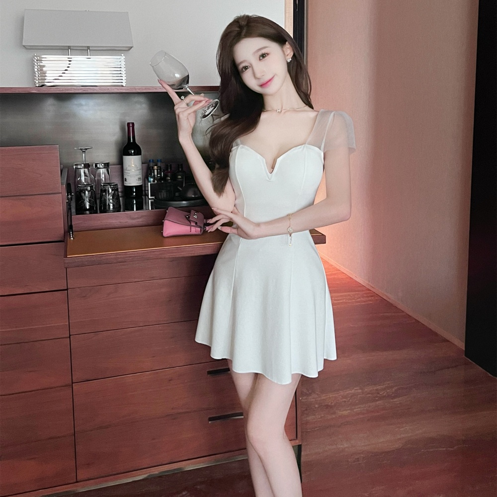 Splice A-line gauze pinched waist sexy dress