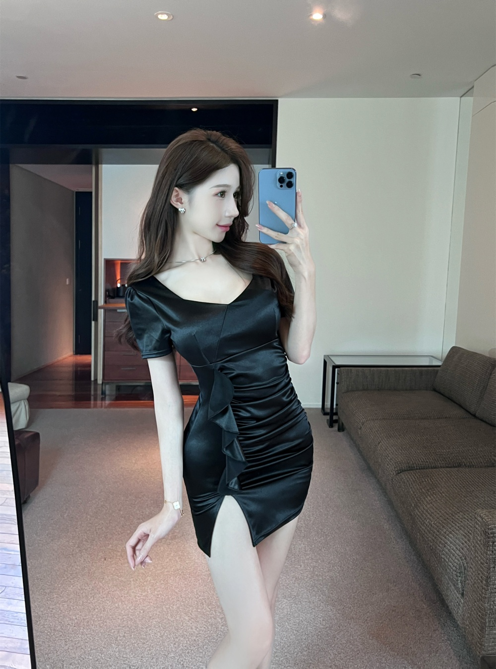 Tight low collar bottoming satin sexy dress