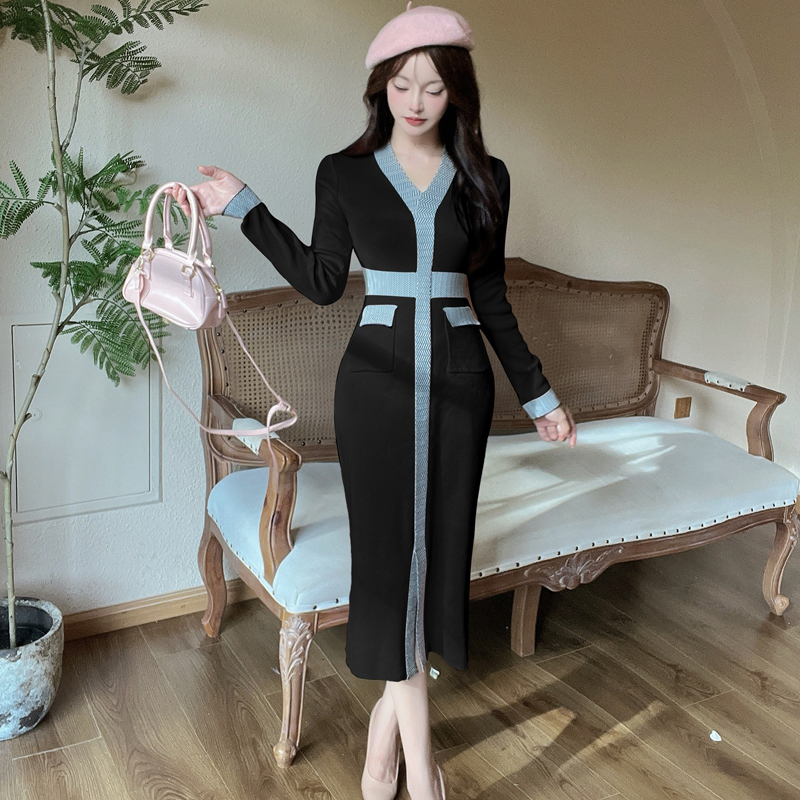 Bottoming knitted dress slim France style long dress