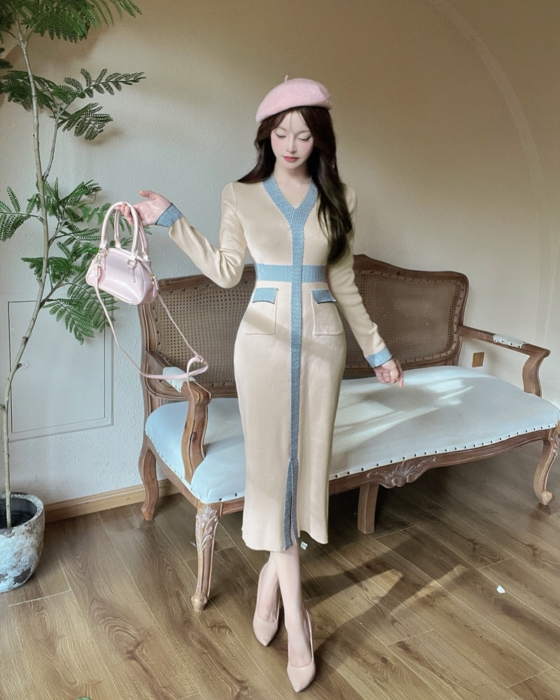 Bottoming knitted dress slim France style long dress