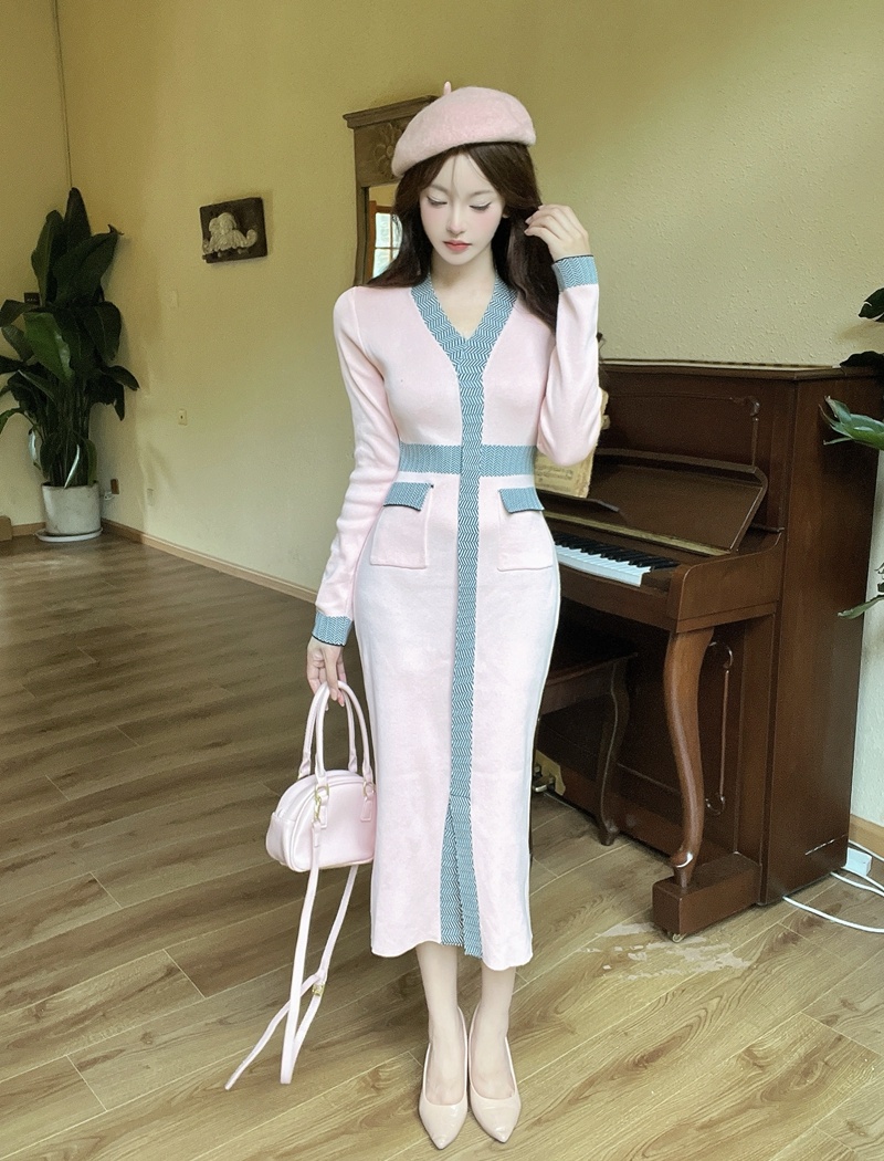 Bottoming knitted dress slim France style long dress