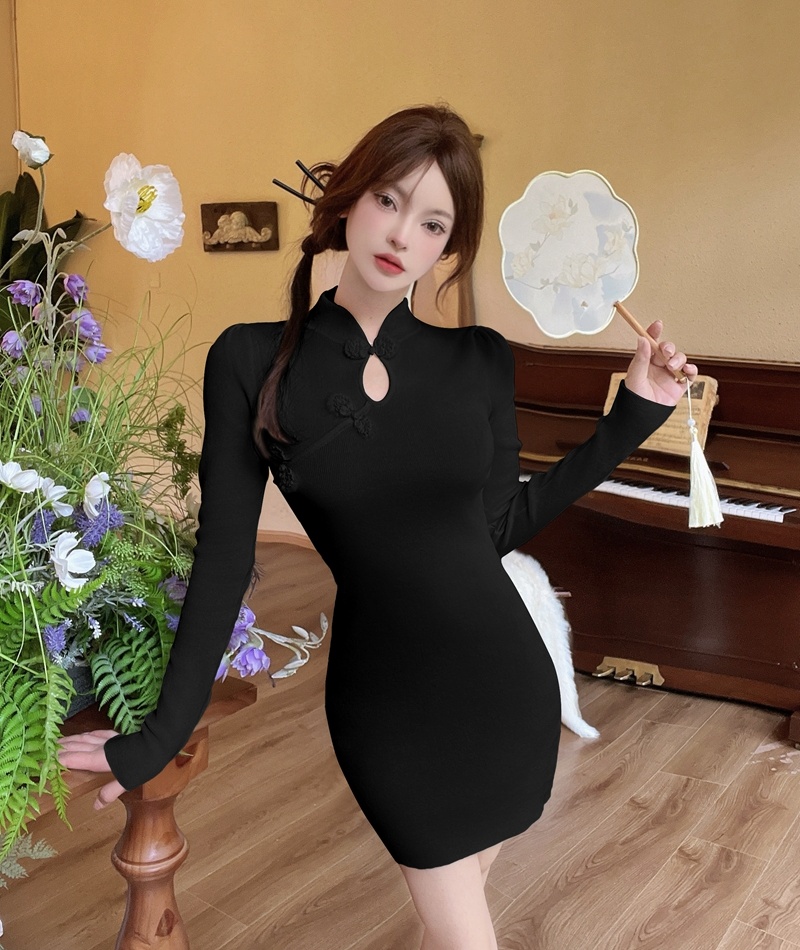 Knitted slim cheongsam long sleeve Chinese style T-back