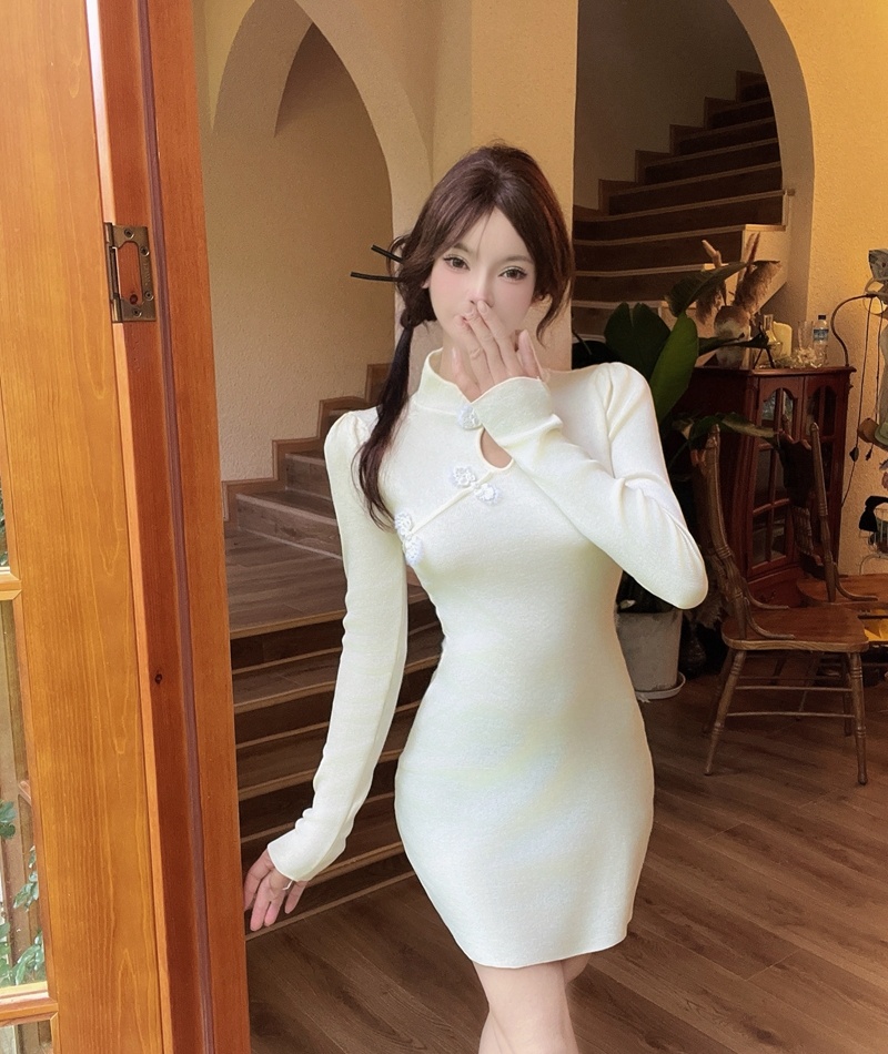 Knitted slim cheongsam long sleeve Chinese style T-back