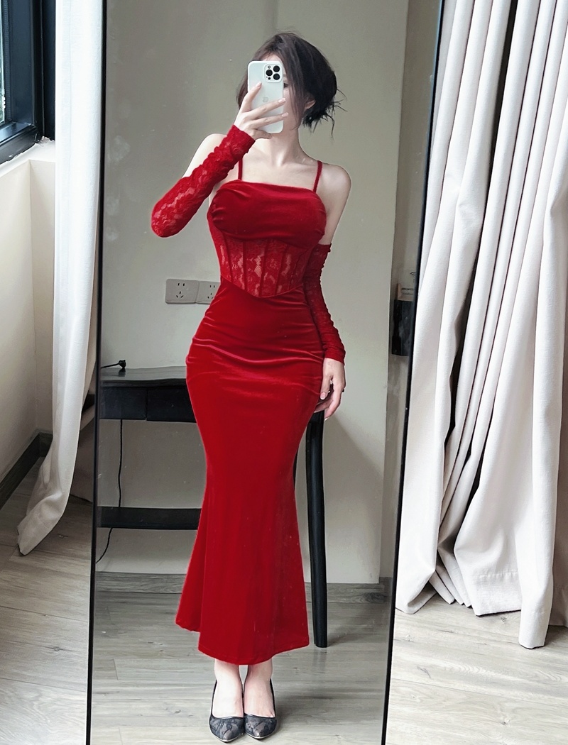 Red sexy velvet sling lace long dress for women