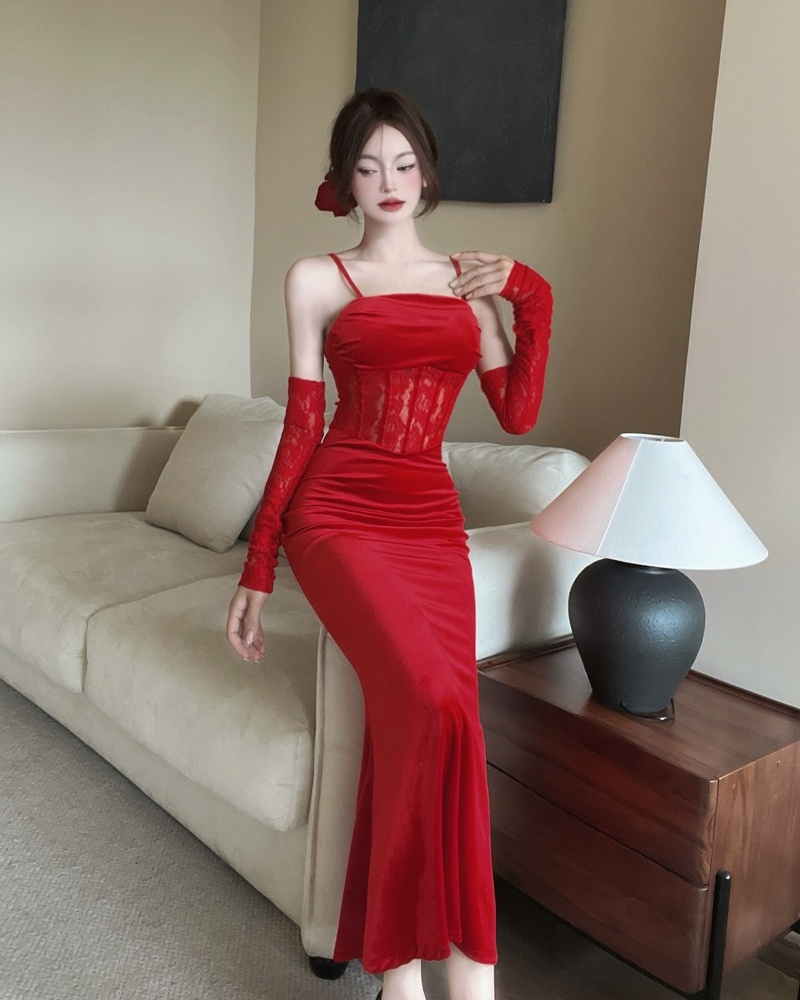 Red sexy velvet sling lace long dress for women