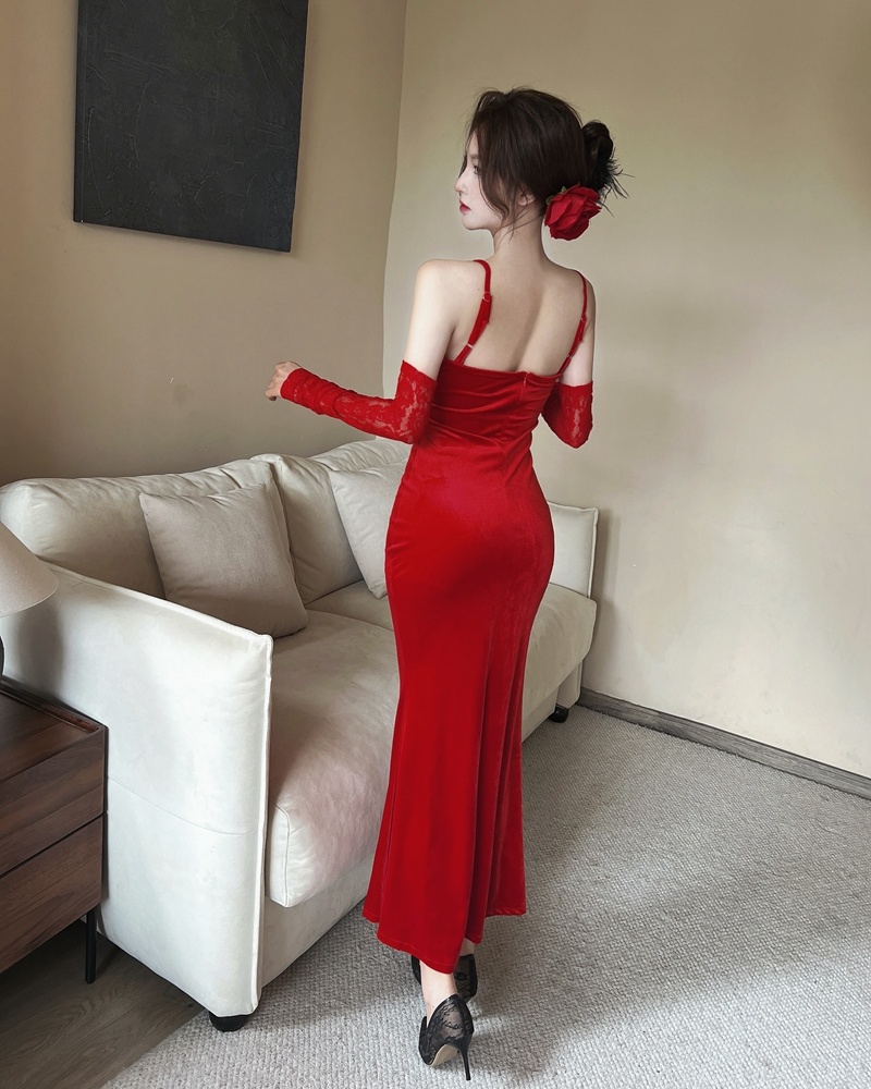 Red sexy velvet sling lace long dress for women