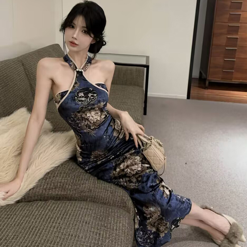 Chinese style temperament sexy dress floral halter long dress