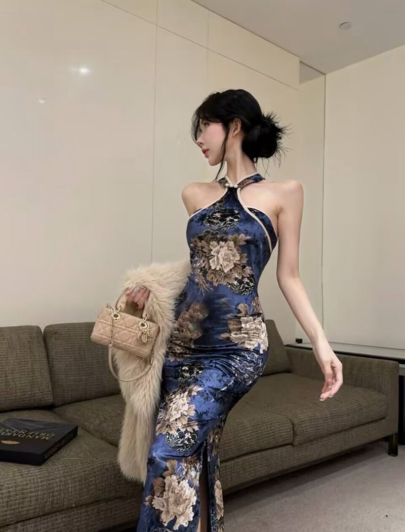 Chinese style temperament sexy dress floral halter long dress